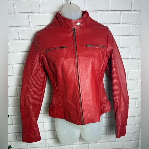 G COLLECTION women Classic vintage red Leather motorcycle Jacket Sleek Design/M - Picture 1 of 16